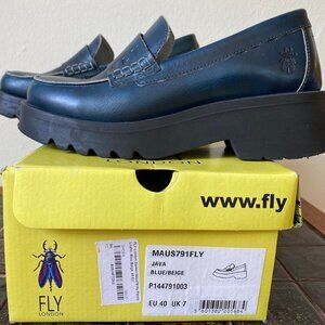 FLY London Women’s Maus 791 Penny Loafer Blue leather size 40 (EU) 9 (US)